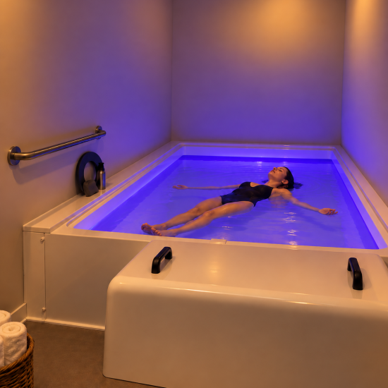 Open float therapy tank at Soleus Massage in Johnson City, TN, with a guest relaxing in the saltwater float pool.
