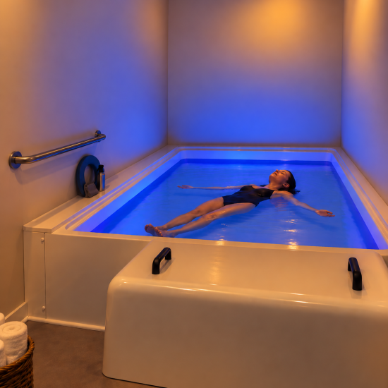 Open float therapy tank at Soleus Massage in Johnson City, TN, with a guest relaxing in the saltwater float pool.