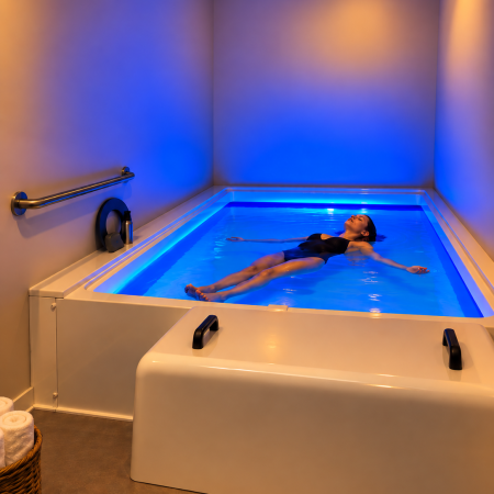 Woman floating in open float tank at Soleus Massage in Johnson City, TN